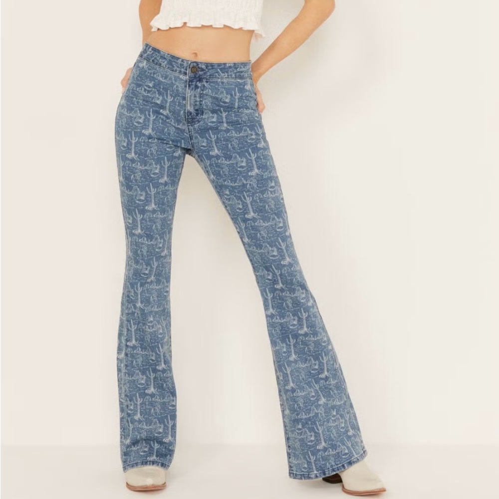 Rock & Roll Bargain Button Flair High Rise,Cactus print,medium wash,Western